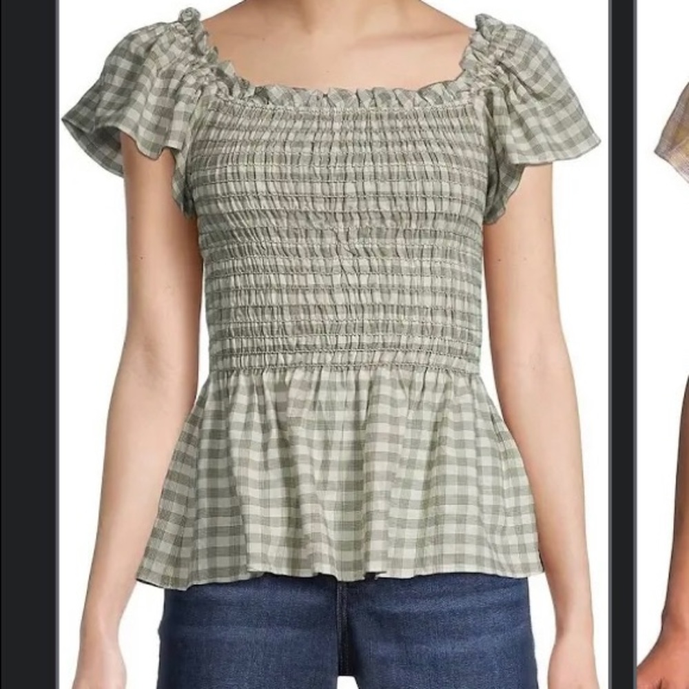 Max Studio plaid flutter sleeve smocked top